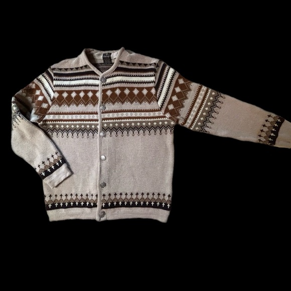 Vintage Sweaters - Vintage 60s Fair Isle Cardigan Sweater Virgin Wool Norvyk Pro Ski Shop Canadian